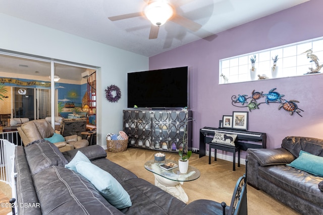 living room with carpet flooring and ceiling fan