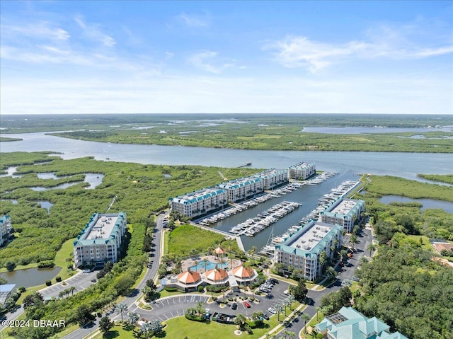 bird's eye view with a water view