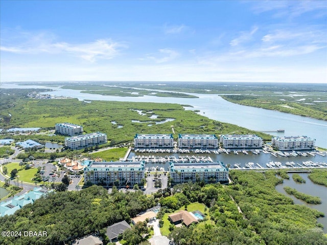 drone / aerial view with a water view