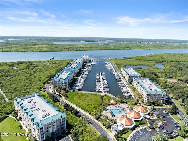 drone / aerial view featuring a water view