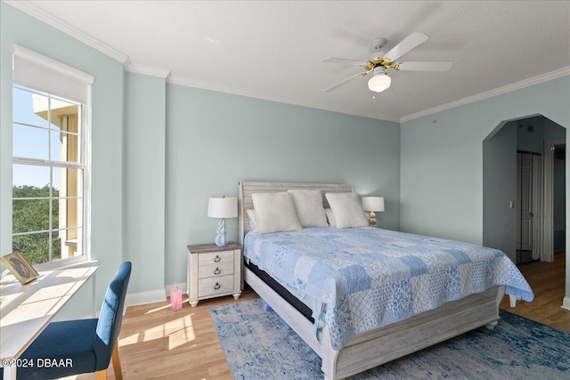 bedroom with light hardwood / wood-style floors, multiple windows, and ceiling fan