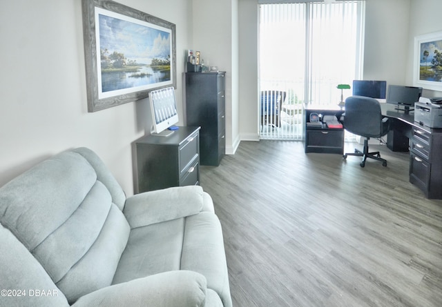 home office with wood-type flooring