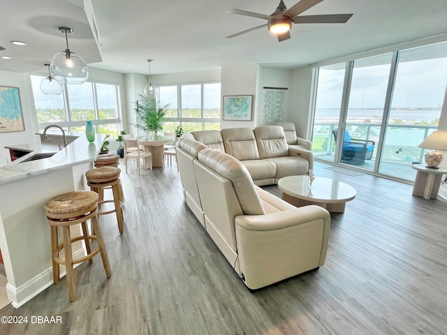 living room with ceiling fan, sink, light hardwood / wood-style floors, and plenty of natural light