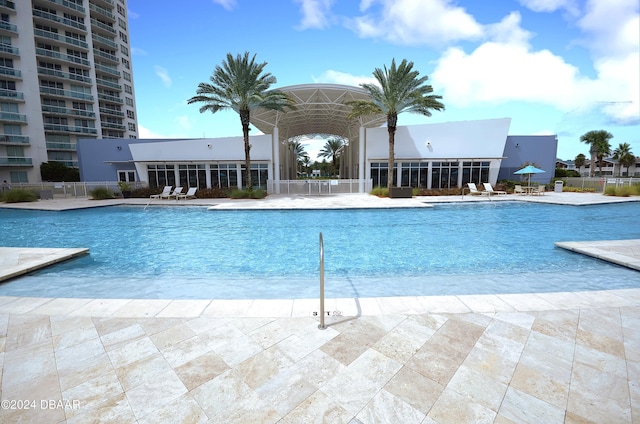 view of swimming pool featuring a patio