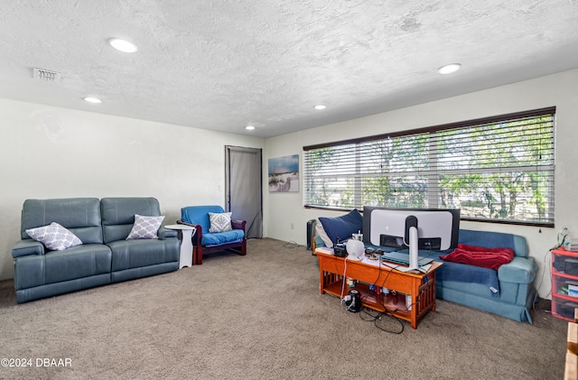 office space featuring carpet flooring and a textured ceiling