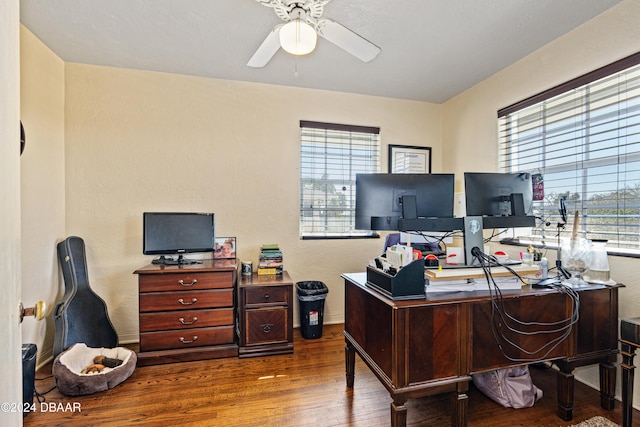 office area with ceiling fan, a healthy amount of sunlight, and wood-type flooring