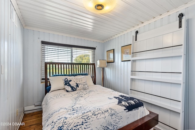 bedroom featuring a barn door and hardwood / wood-style flooring