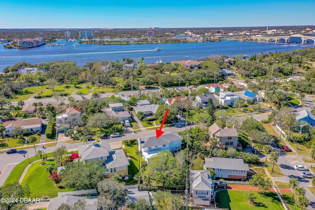 drone / aerial view featuring a water view