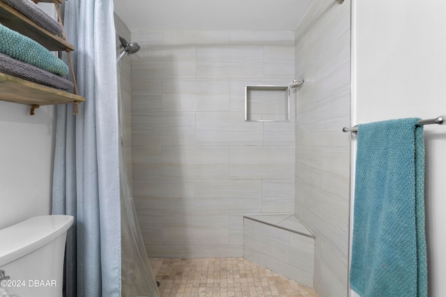 bathroom with a shower with shower curtain and toilet