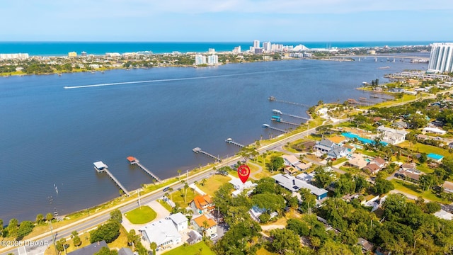 aerial view featuring a water view