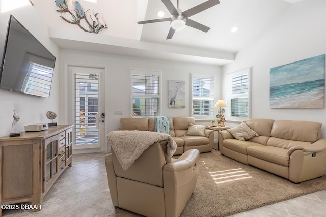 613 Good Life Way, Daytona Beach, FL 32124 - living room with light tile patterned floors, vaulted ceiling, a ceiling fan, and recessed lighting