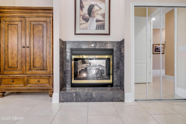 details featuring a premium fireplace and baseboards