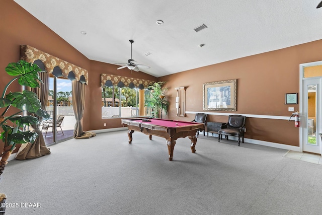 4600 E Moody Blvd Unit 14-O, Bunnell, FL 32110 - game room with vaulted ceiling, billiards table, carpet, and ceiling fan