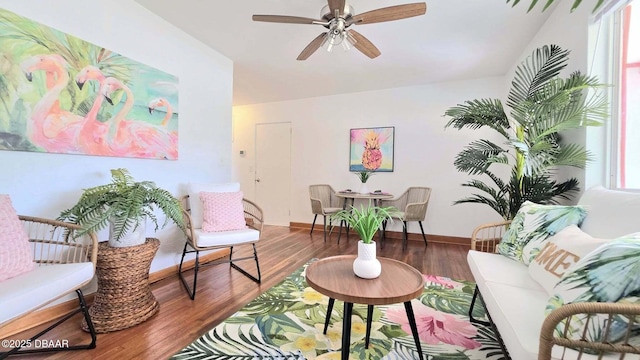 119 Rogers Park Dr, Ormond Beach, FL 32174 - living room with wood finished floors, ceiling fan, and baseboards