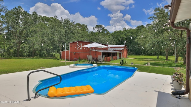 103 Cone Rd, Ormond Beach, FL 32174 - view of swimming pool featuring a lawn, an outbuilding, a patio, and a barn