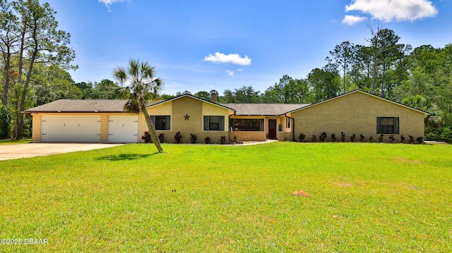 103 Cone Rd, Ormond Beach, FL 32174 - ranch-style home with concrete driveway, a garage, a front lawn, and view of wooded area