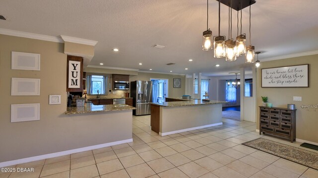 103 Cone Rd, Ormond Beach, FL 32174 - kitchen with stainless steel appliances, a chandelier, crown molding, light stone countertops, and light tile patterned floors