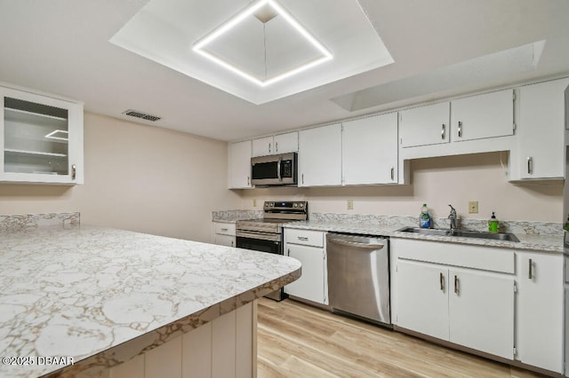 2421 Needle Palm Dr, Edgewater, FL 32141 - kitchen featuring stainless steel appliances, a sink, light wood-type flooring, light countertops, and white cabinetry