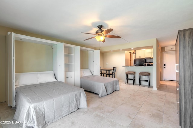 bedroom with ceiling fan, light tile patterned flooring, and refrigerator