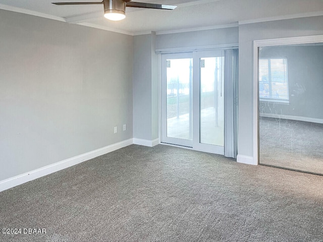 carpeted empty room with ceiling fan and ornamental molding