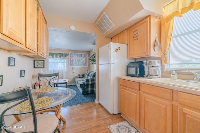 kitchen with light hardwood / wood-style flooring, sink, white fridge, and plenty of natural light