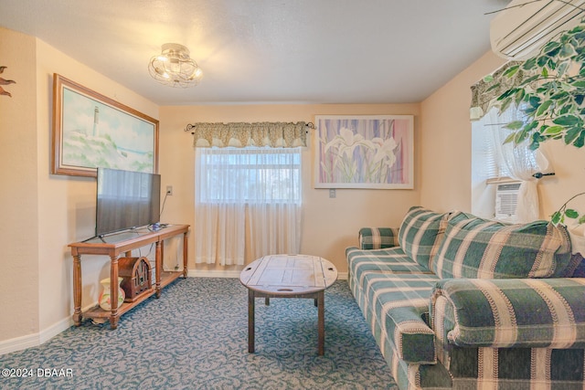 living area featuring carpet flooring, cooling unit, and an AC wall unit