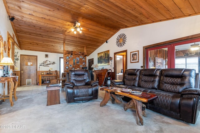 living room featuring ceiling fan, vaulted ceiling, and wood ceiling