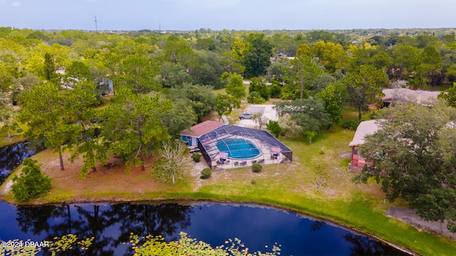 drone / aerial view featuring a water view