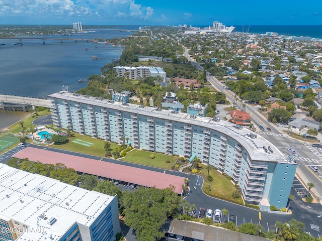 aerial view featuring a water view
