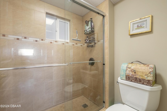 bathroom with a stall shower and toilet