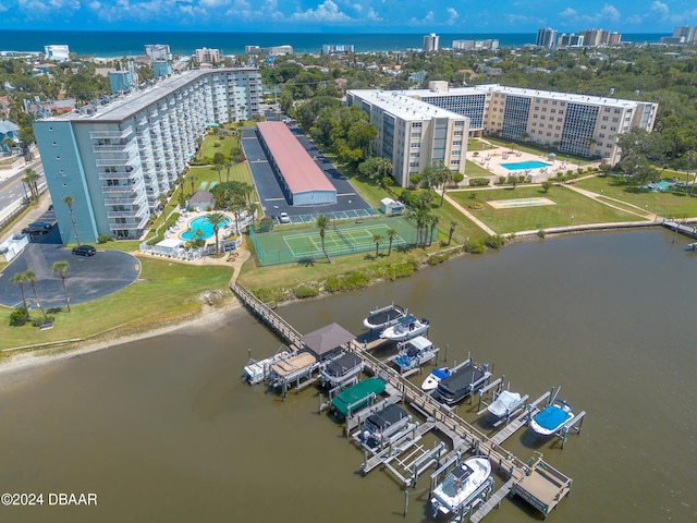 aerial view featuring a water view and a city view