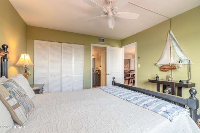 bedroom featuring a ceiling fan, a closet, and visible vents