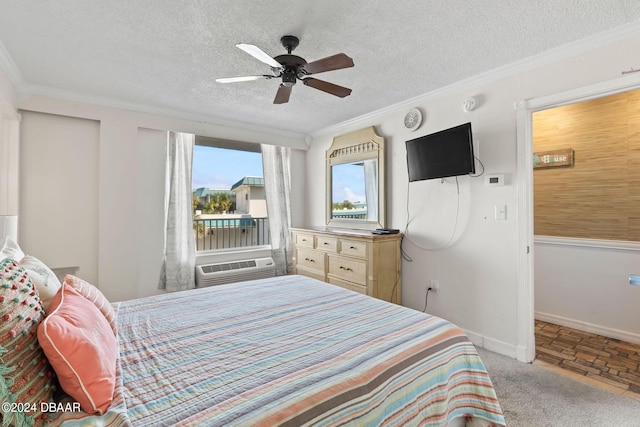 carpeted bedroom featuring ceiling fan, crown molding, and a textured ceiling