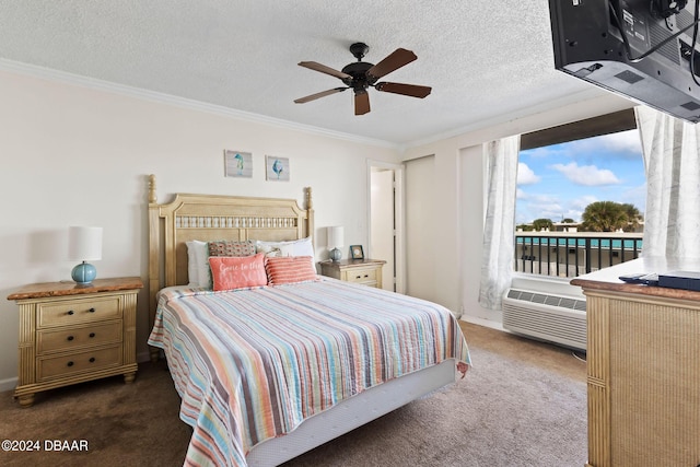 carpeted bedroom with ceiling fan, ornamental molding, and a textured ceiling