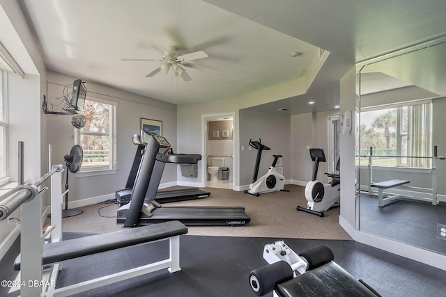 workout room featuring ceiling fan