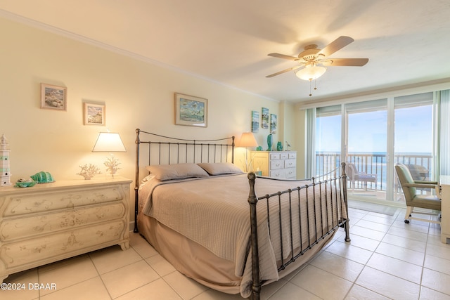 bedroom featuring ceiling fan, light tile patterned floors, ornamental molding, and access to outside