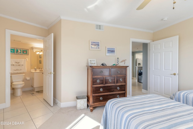 bedroom with sink, crown molding, ceiling fan, connected bathroom, and light tile patterned flooring