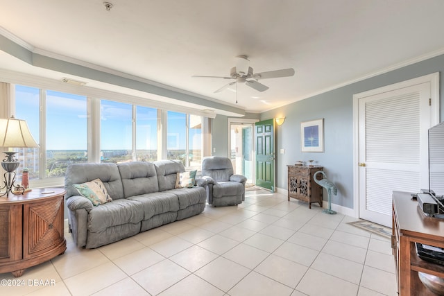 living room with light tile patterned floors, ceiling fan, and crown molding