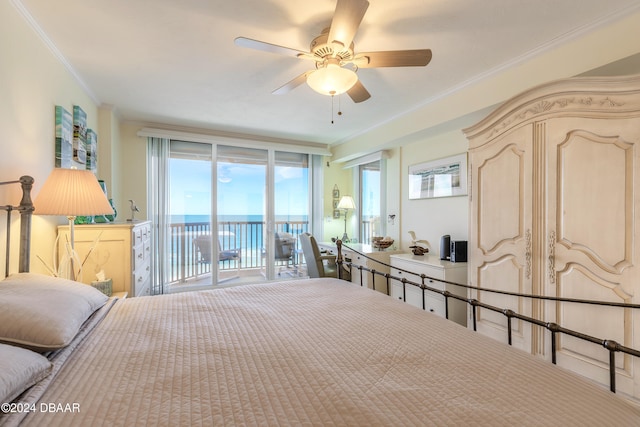 bedroom with ceiling fan, a water view, ornamental molding, and access to outside