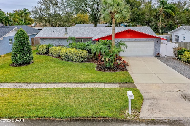 ranch-style house with a front yard and a garage