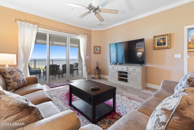 living room featuring light hardwood / wood-style flooring, ceiling fan, and crown molding