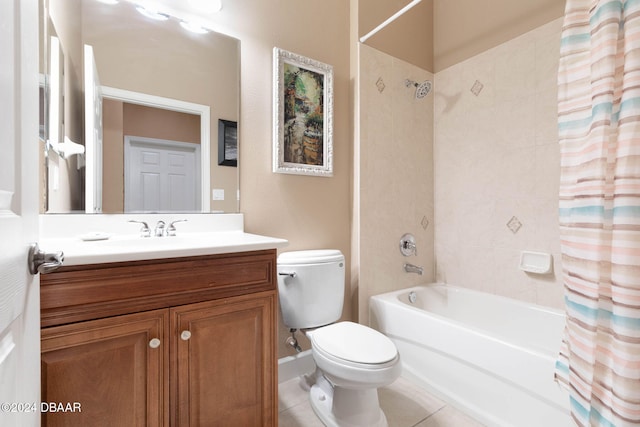 full bathroom featuring shower / bath combo, toilet, vanity, and tile patterned floors