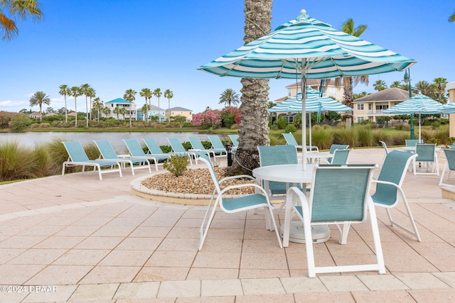 view of patio with a water view