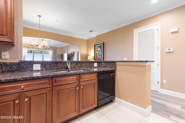 kitchen featuring ornamental molding, dark stone counters, an inviting chandelier, sink, and dishwasher