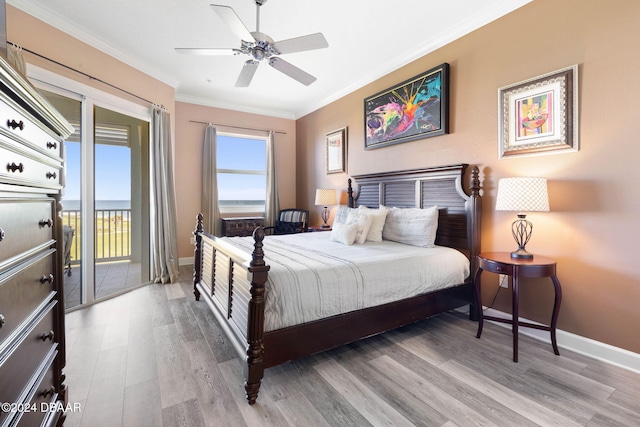 bedroom with crown molding, access to outside, ceiling fan, and light wood-type flooring