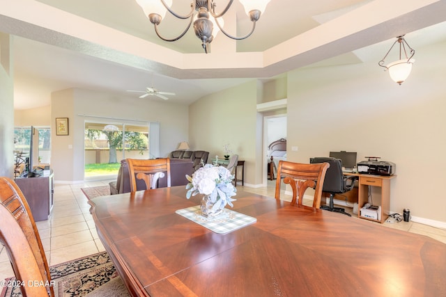 dining room with light tile patterned flooring and ceiling fan with notable chandelier