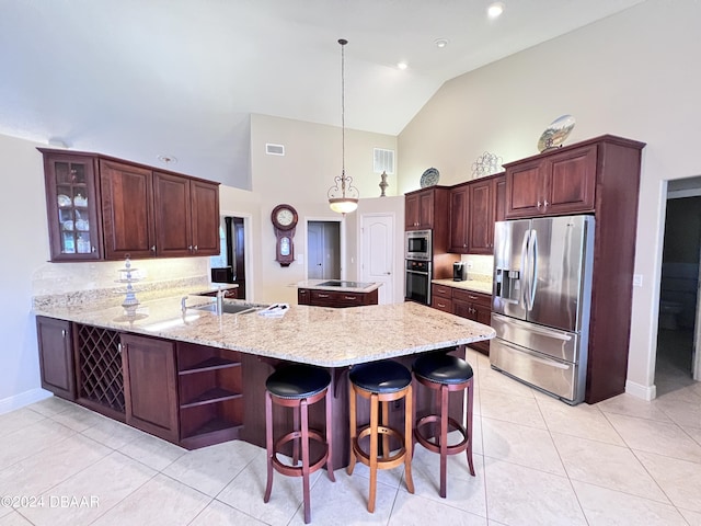 6382 Longlake Dr, Port Orange, FL 32128 - kitchen featuring stainless steel appliances, a peninsula, high vaulted ceiling, a kitchen island, and light tile patterned flooring