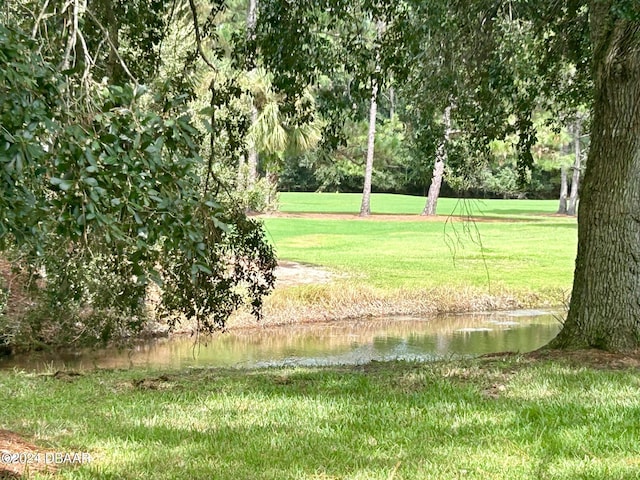 surrounding community featuring a water view and a lawn