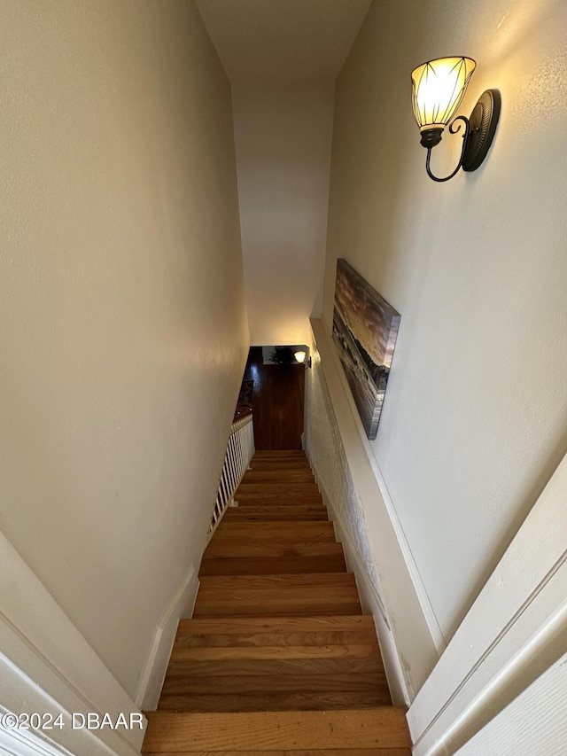 stairway with hardwood / wood-style flooring