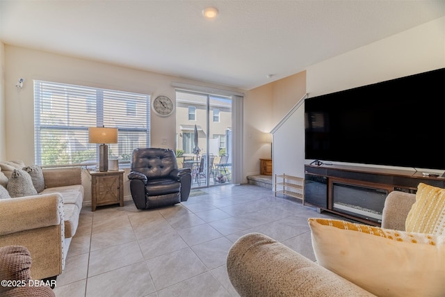 living room featuring light tile patterned floors